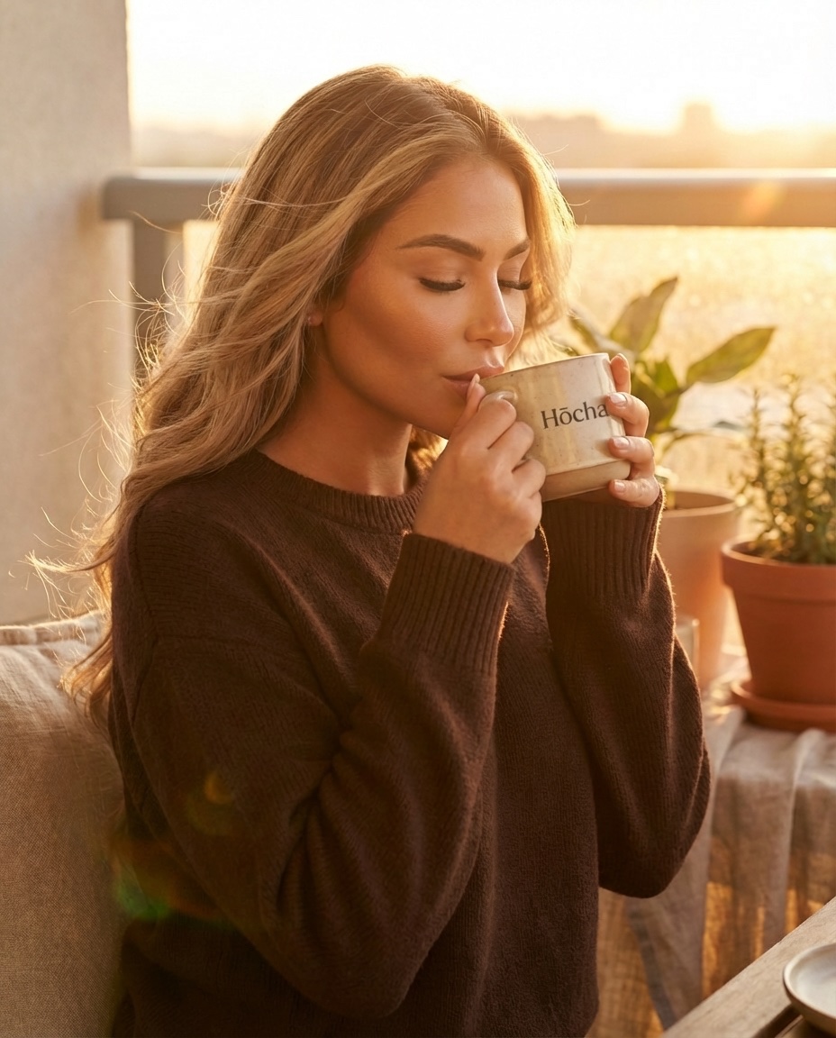 Woman with eyes closed holding warm Hōcha mug, peaceful morning moment